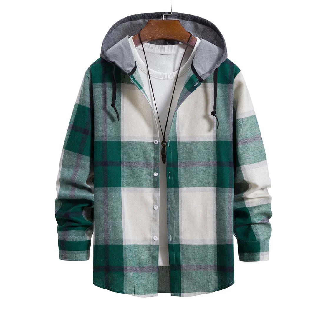 Men's New Spring Plaid Long Sleeve Shirt Hooded Shirt for Men