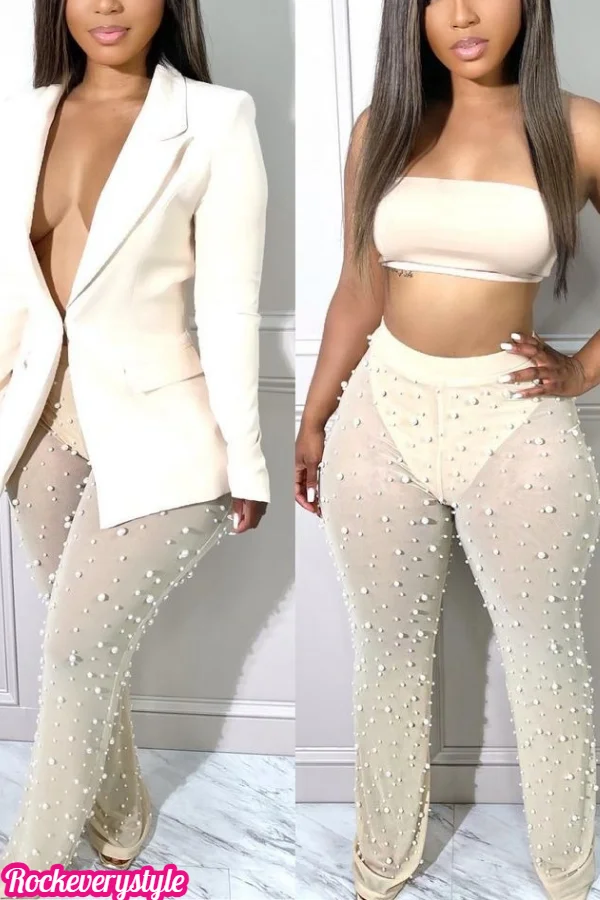 Professional Beaded Mesh Straight-Cut Suit Set