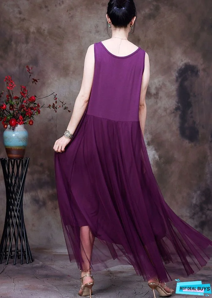 Slim Fit Solid White O-Neck Tulle Patchwork Cotton Spaghetti Strap Dress Sleeveless