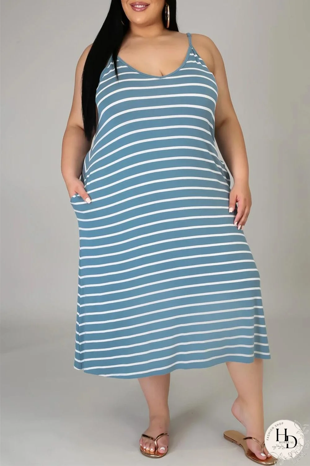 Deep Blue Sexy Casual Plus Size Striped Print Backless Spaghetti Strap Sleeveless Dress