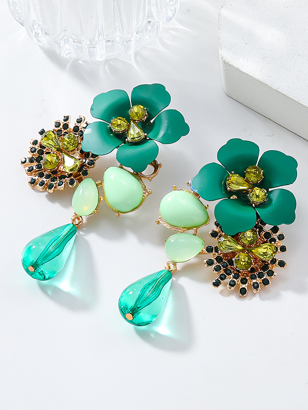 Flower Shape Drop Earrings GREEN-One_size