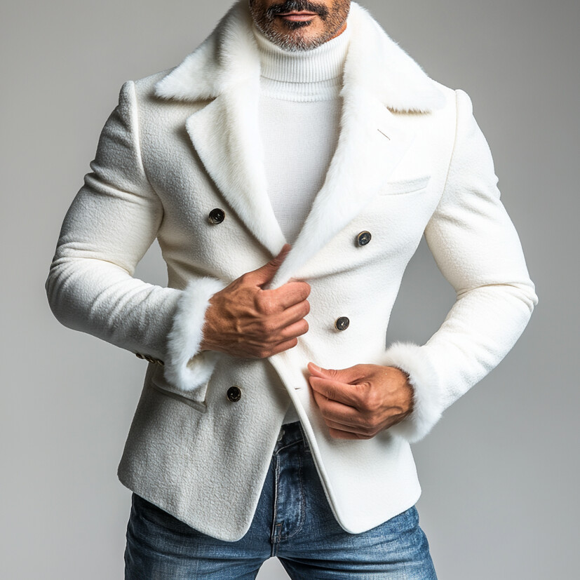 Men's Solid Lapel Collar Double Breasted Plush Patchwork Blazer