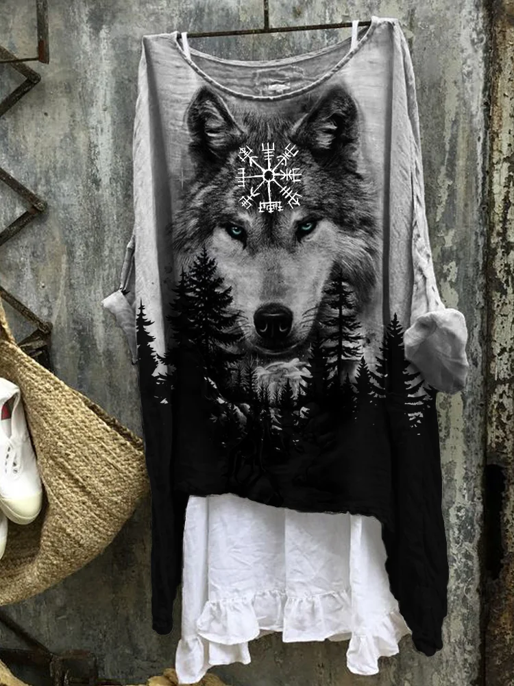 Wearshes Vegvisir Wild Wolf Forest Contrast Linen Blend Tunic