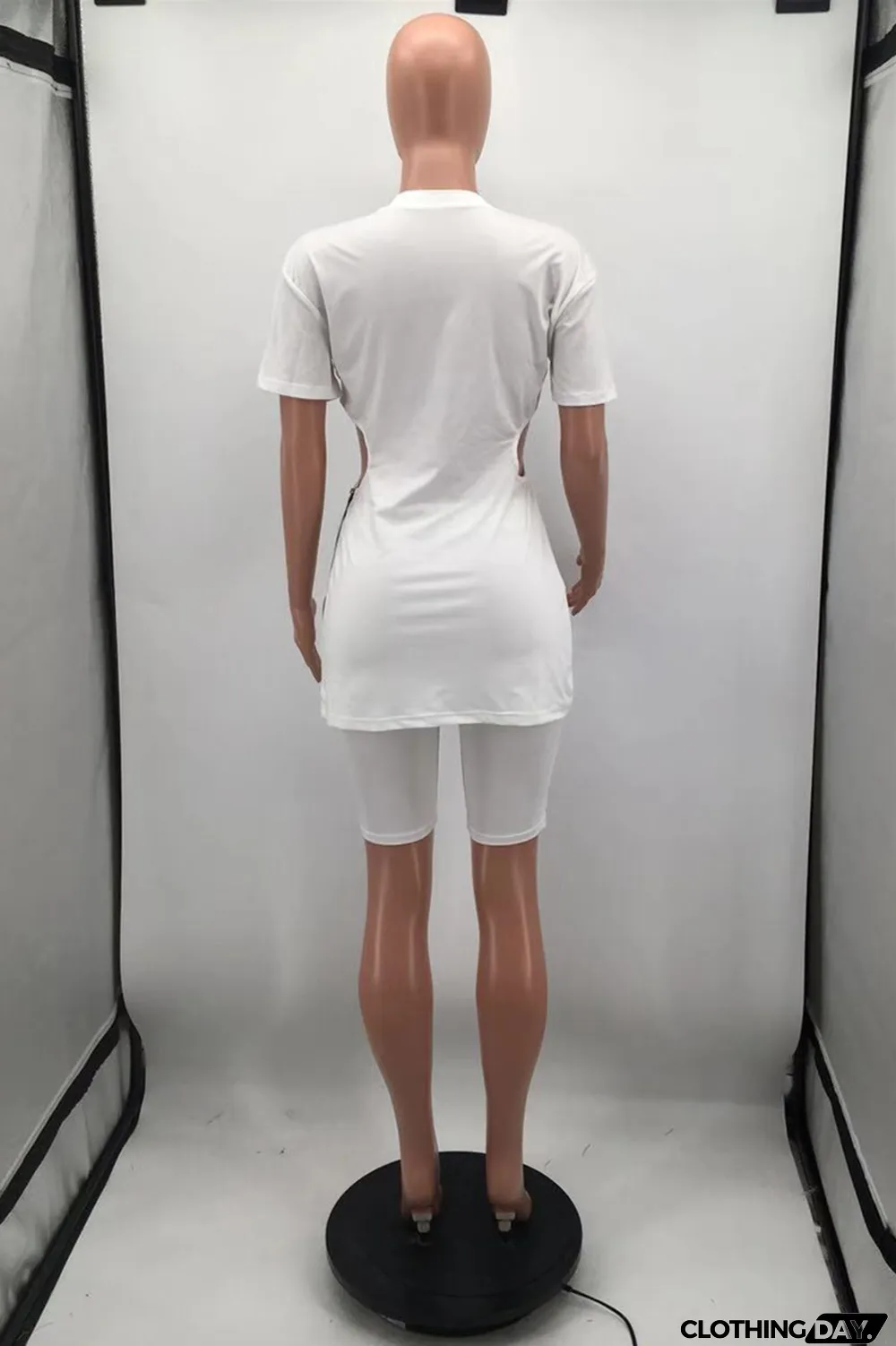 Brown Fashion Casual Solid Hollowed Out Zipper O Neck Short Sleeve Two Pieces