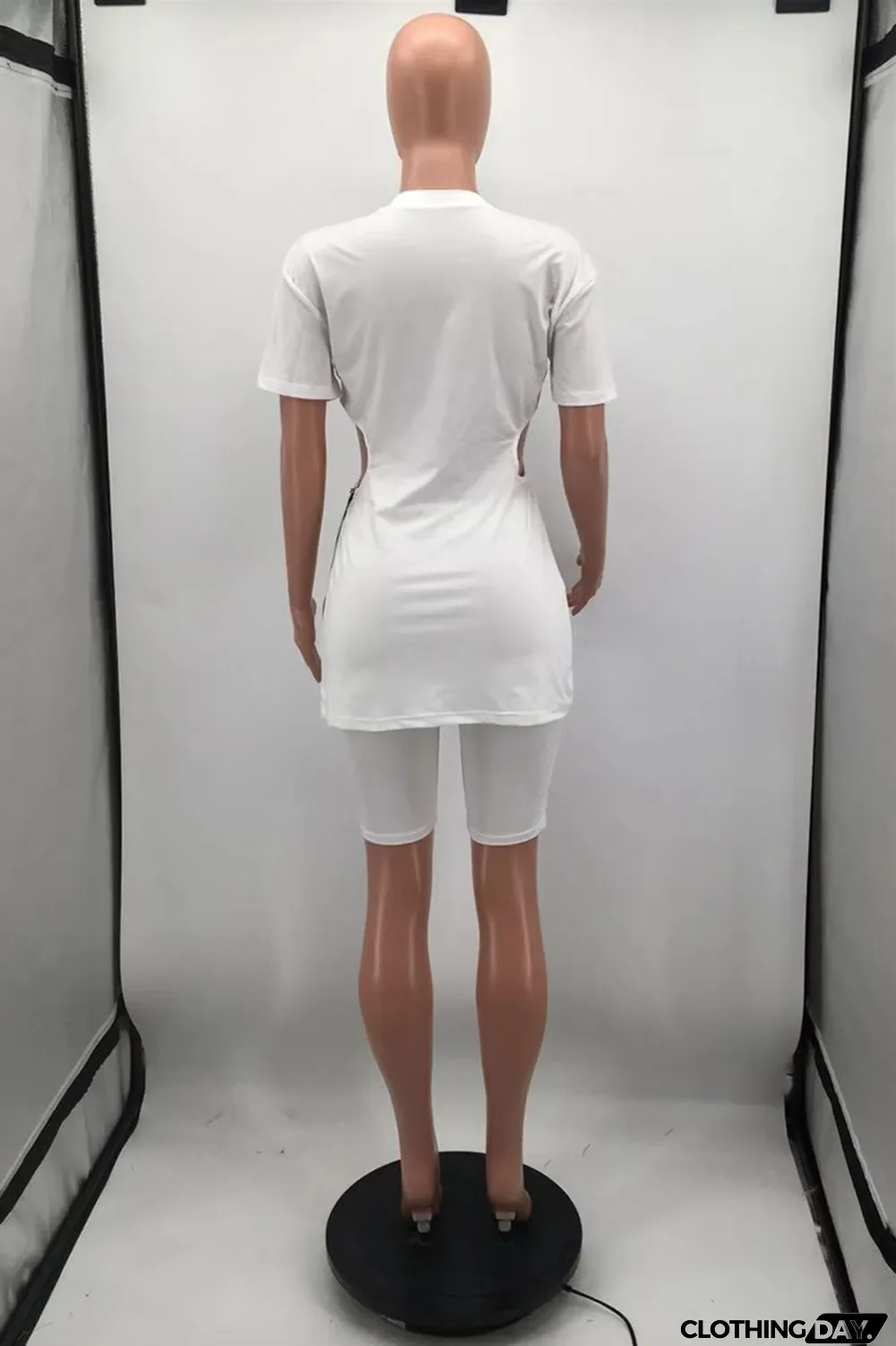 Brown Fashion Casual Solid Hollowed Out Zipper O Neck Short Sleeve Two Pieces