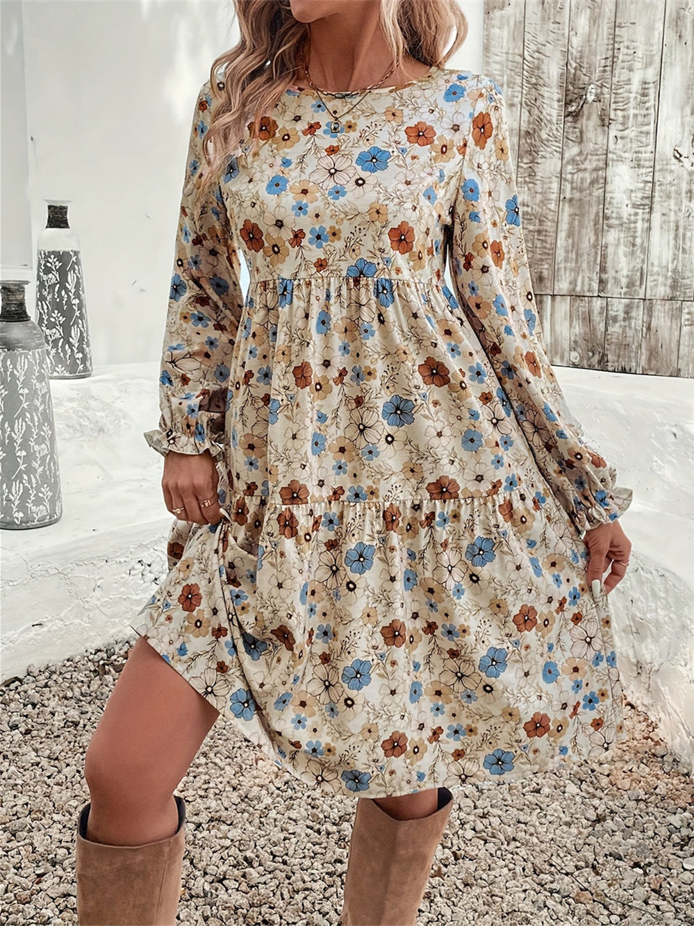Women's Long Sleeve Scoop Neck Floral Printed Midi Dress