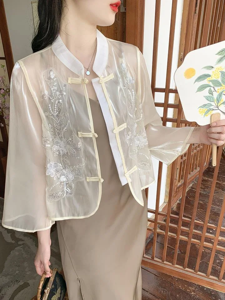 Athvotar Athvotar Chinese Sunscreen Shirt Women 2025 Summer New Hit Color National Wind Top With Sling Belt Thin External Air Conditioning Open Shirt