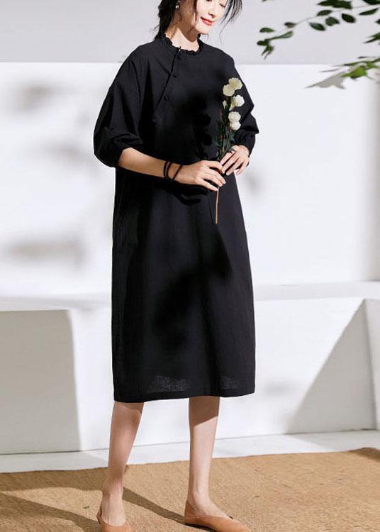 VCSHOES Black Pockets Button Summer Linen Maxi Dresses Half Sleeve