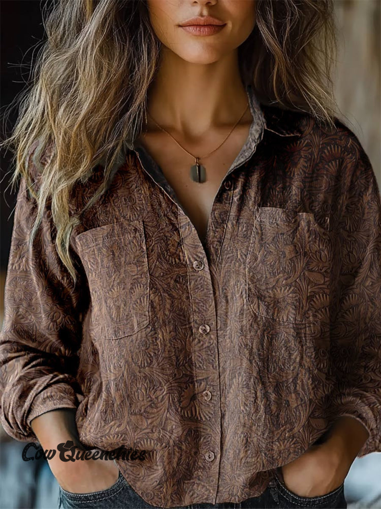 Women’s Vintage Flower Print Casual Long Sleeve Comfortable Cotton Shirt Multicolor / S