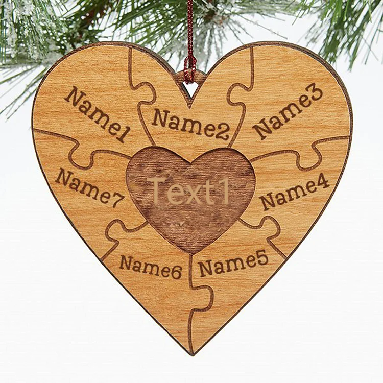 Heart Puzzle Ornament Personalized 7 Names Wooden Family Ornament