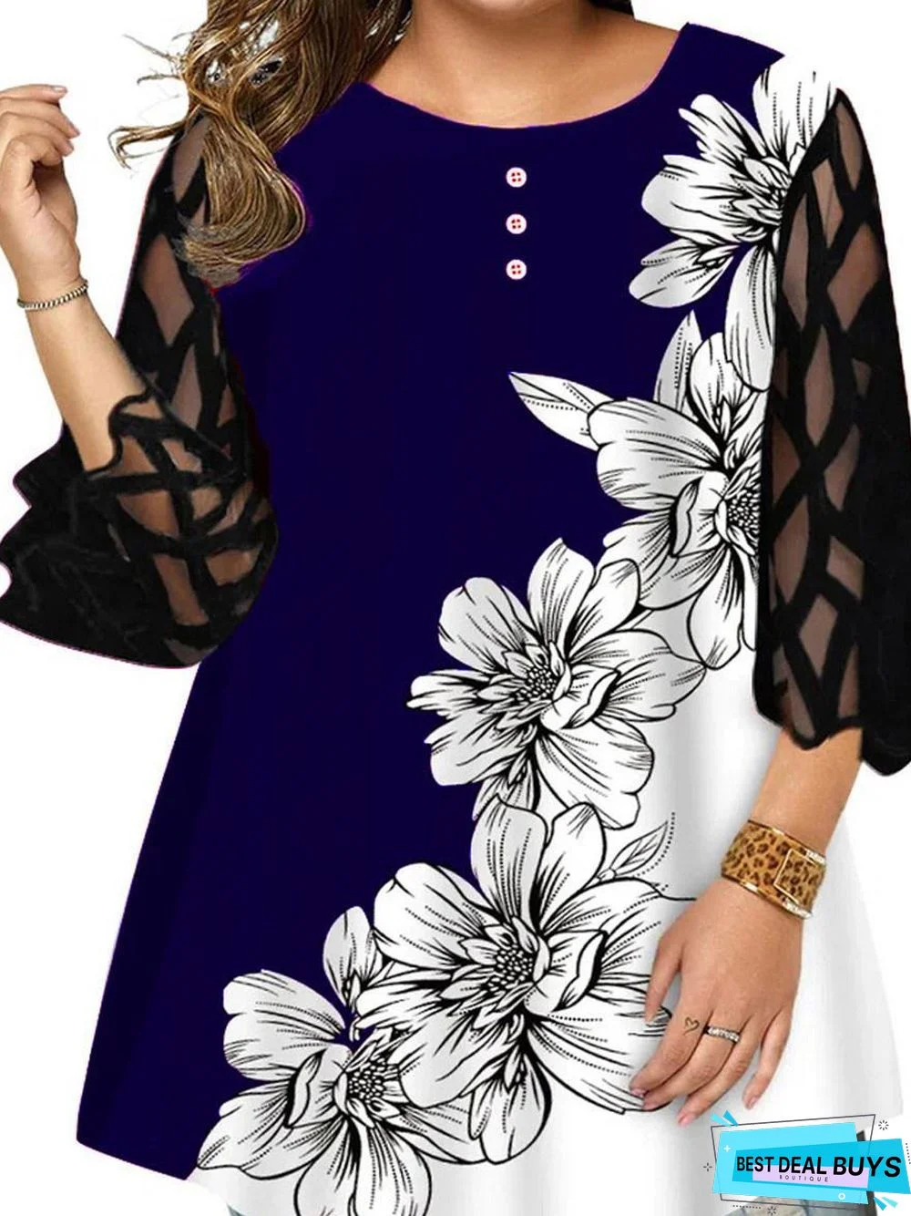 Fashion Lace Sleeve Floral Print Shirt