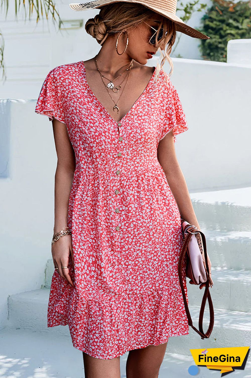 V Neck Floral Print Casual Mini Dress