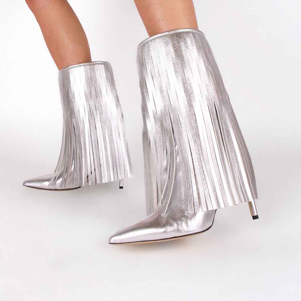Silver Pointed Toe 4'' Stiletto Heel Wide Calf Fringe Boots Nicepairs