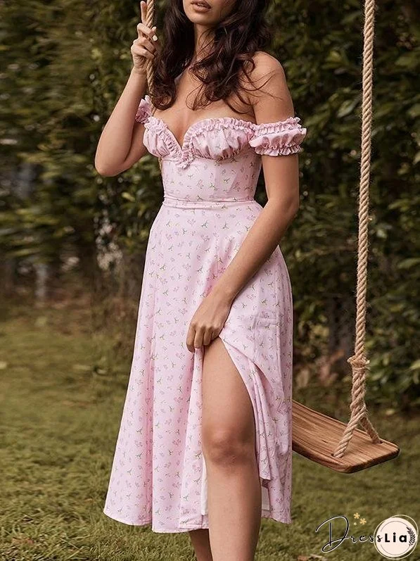 Card Shoulder Printed High Split Midi Dress