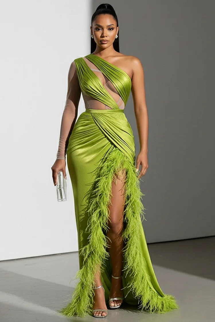 One Shoulder Cutout Slit Hem Feather Party Maxi Dresses-Green [Pre Order]