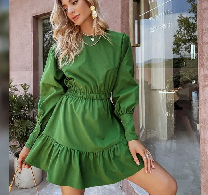 Elegant lantern sleeves A-line ruffled women dress green Elastic waist o-neck solid mini dresses Female college vestido