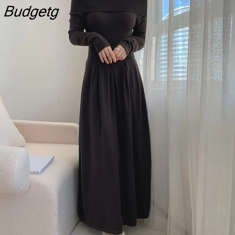 Budgetg Long Sleeve Slash Neck Off Shoulder Knitted Sweater Maxi Dress for Women Clothing Sexy Party Office Lady Fashion Winter