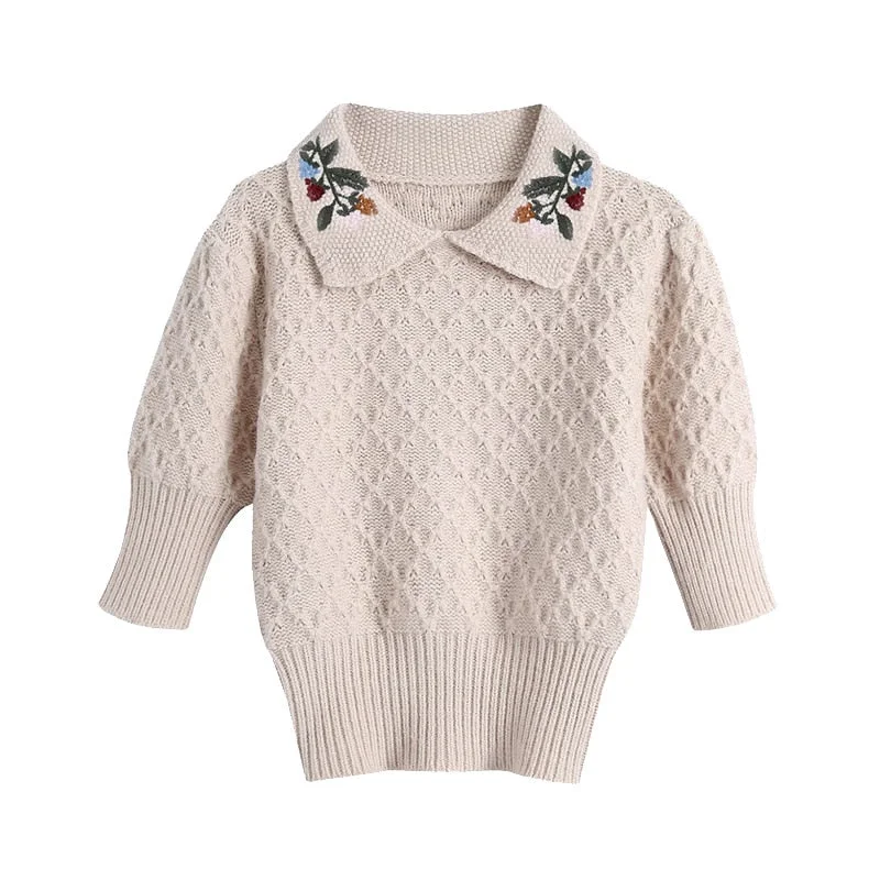 KPYTOMOA Women 2020 Fashion Floral Embroidery Knitted Sweater Vintage Peter Pan Collar Short Sleeve Female Pullovers Chic Tops
