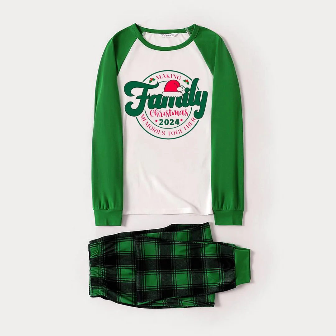 "Family Christmas 2024" Text Print Green Rotator Cuff Top With Green & Black Plaid Family Matching Pajamas
