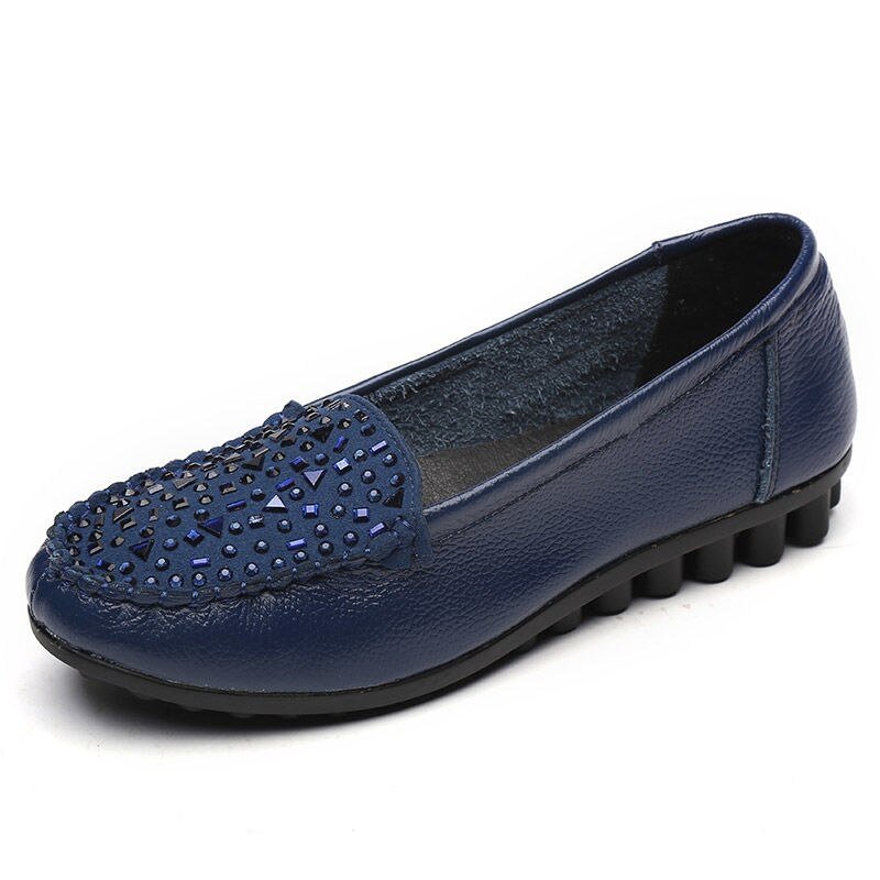 New Fashion Genuine Leather Studded Moccasins Women's Driving Loafers Blue Flat Shoes Ladies Flats Casual Dress Shoes For Women