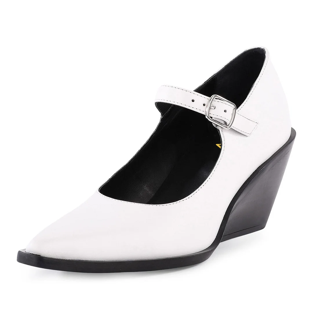 Vegan Leather Office Shoes Pointed Toe Mary Jane Heels in White