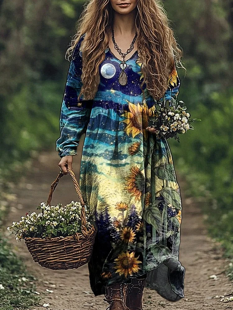Women's Night Sky Sunflower Print Pocket Cotton V Neck Long Sleeve Dress