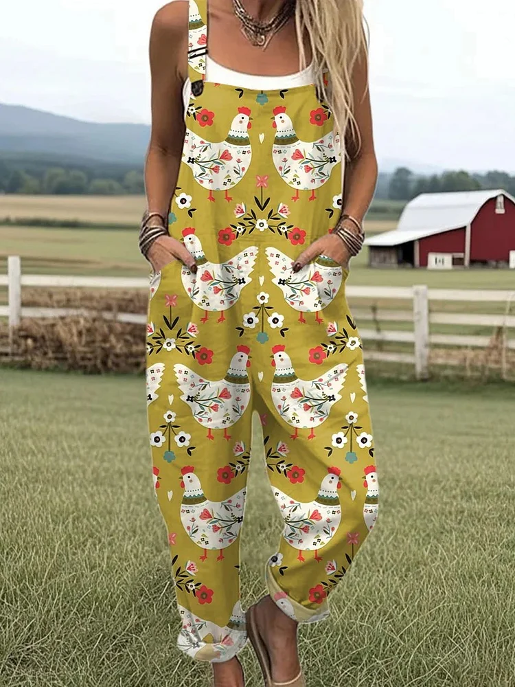Women's Funny Chick Art Print Casual Cotton Wide Leg Jumpsuit