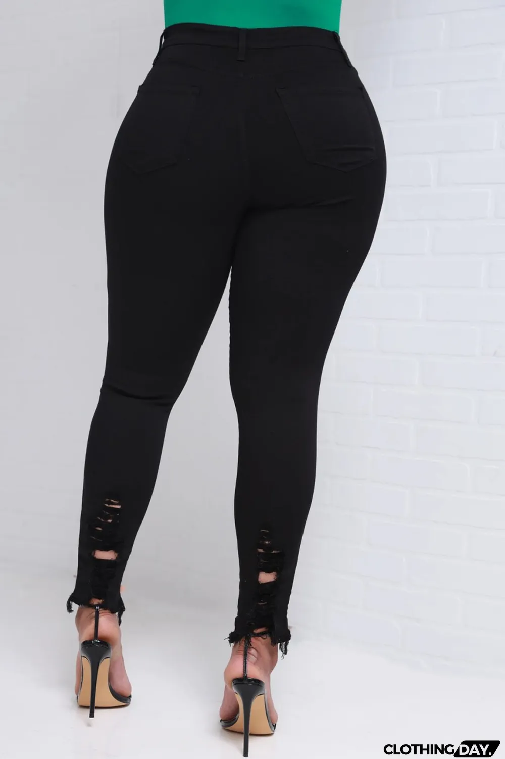 Black Casual Solid Ripped High Waist Skinny Denim Jeans