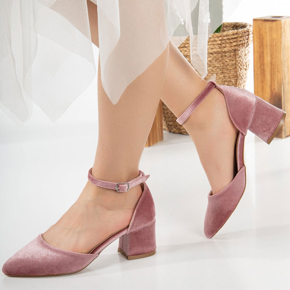 Velvet Ankle Strap Almond Toe Block Heel Pink Pumps with Buckle Nicepairs