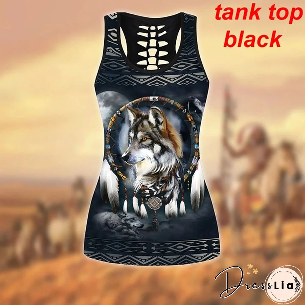Women Wolf Native American 3D All Over Printed Legging + Hollow Tank Sleeveless Shirt Summer Vest for Women Plus Size Yoga Tank Tops Leggings Suit