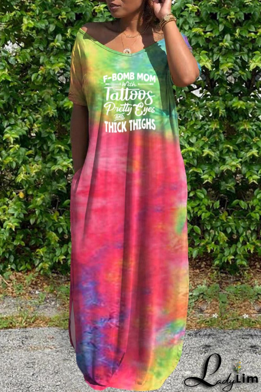 Pink Casual Letter Print Tie-dye V Neck Short Sleeve Dress Dresses