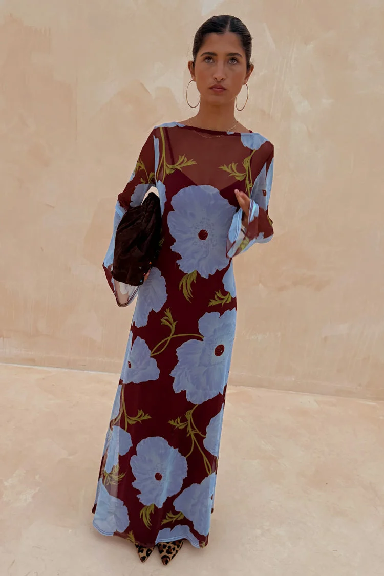 strapless open back dress Cap Sleeve Poppy Floral Print Dress in Navy Blue/Red main image 0