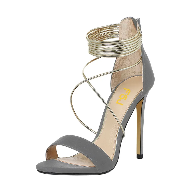 Women's Grey Stiletto Heel Cross Over Ankle Strap Sandals |FSJ Shoes