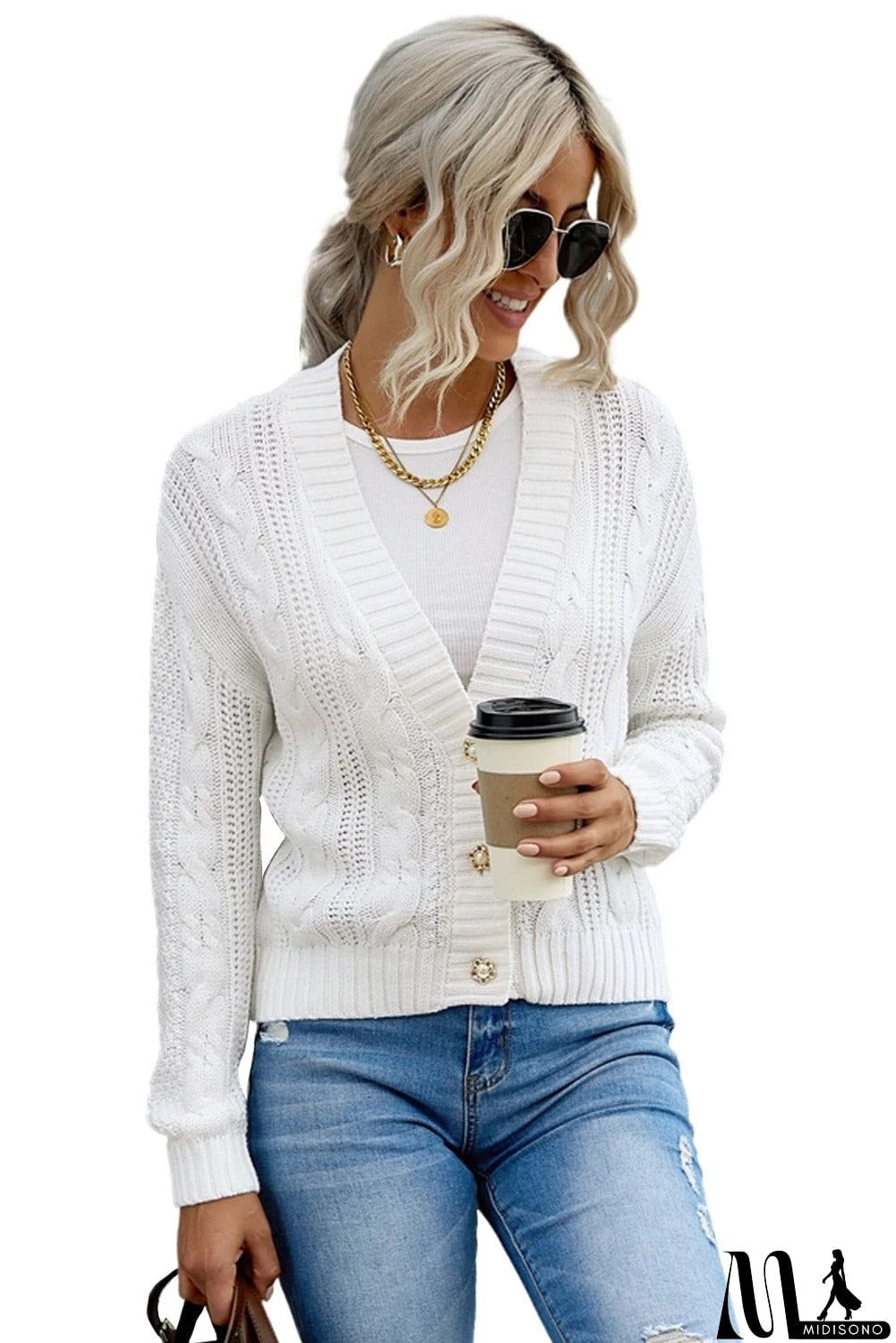 MidiSono - Buttons Weave Knit Cardigan