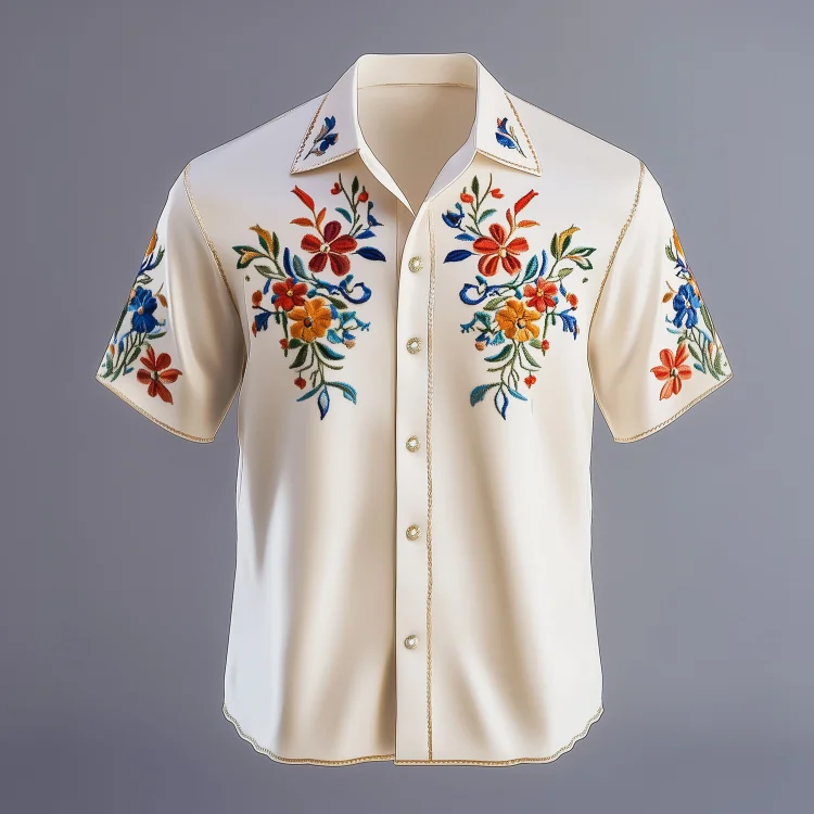 Okaywear Silk Floral Leaf Embroidery Button Short Sleeve Shirt Okaywear