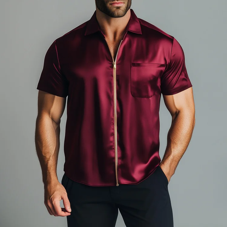 Okaywear Silk Turndown Collar Short Sleeve Chest Pocket Zipper Shirt Okaywear
