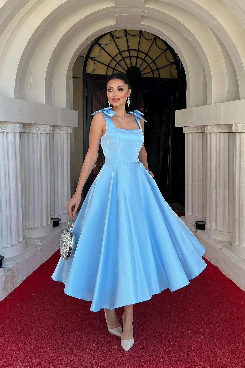 Lussooy Sky Blue Simple Satin Sleeveless Spaghetti Strap A Line Prom Dress with Bow 