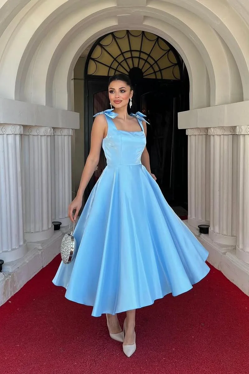 Miabel Simple Sky Blue Satin Spaghetti Strap Sleeveless A Line Prom Dress with Bow 