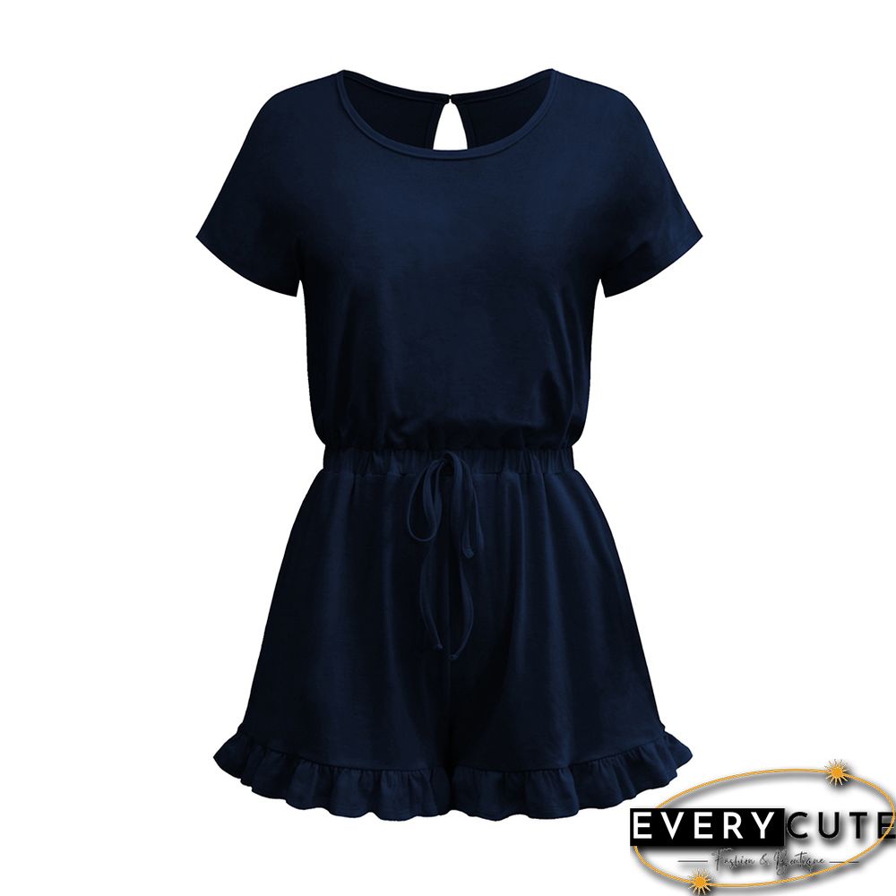 Navy Blue Button Ruffle Detail Pocketed Romper