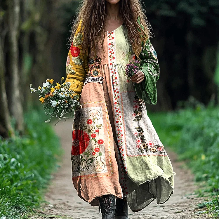 Women's Vintage Tribal Floral Art Cotton And Linen Dress