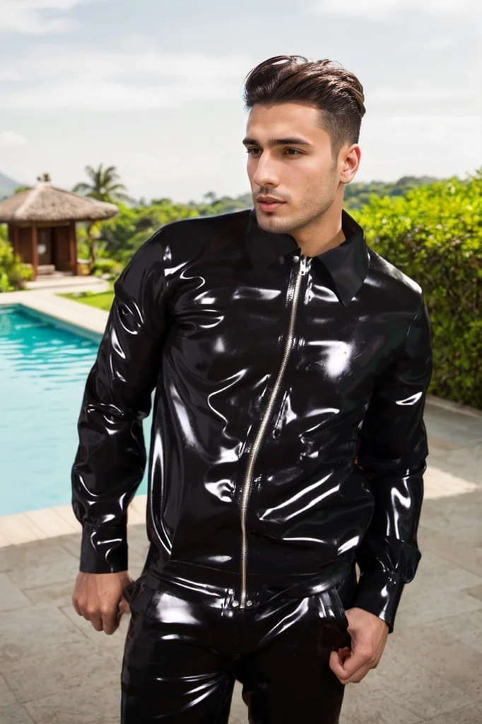 Man Latex coats Men's Latex Front-Zipper Windbreaker Jacket（KG29900)