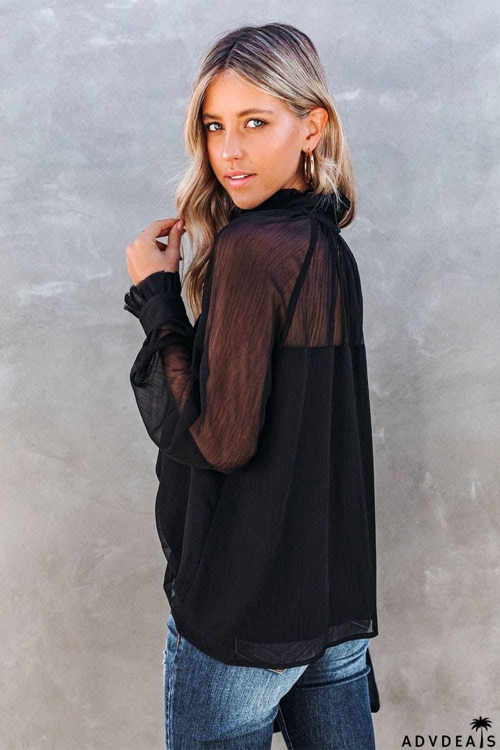 Sheer Ruffled Puff Sleeves Blouse