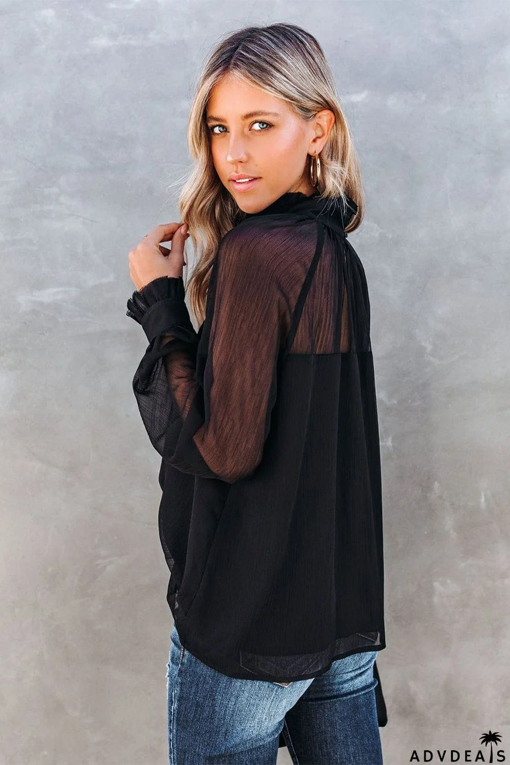 Sheer Ruffled Puff Sleeves Blouse