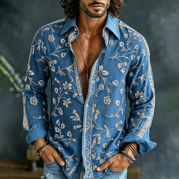 Men's Vintage Spring Floral Embroidered Art Print Flowy Linen Blend Casual Shirt
