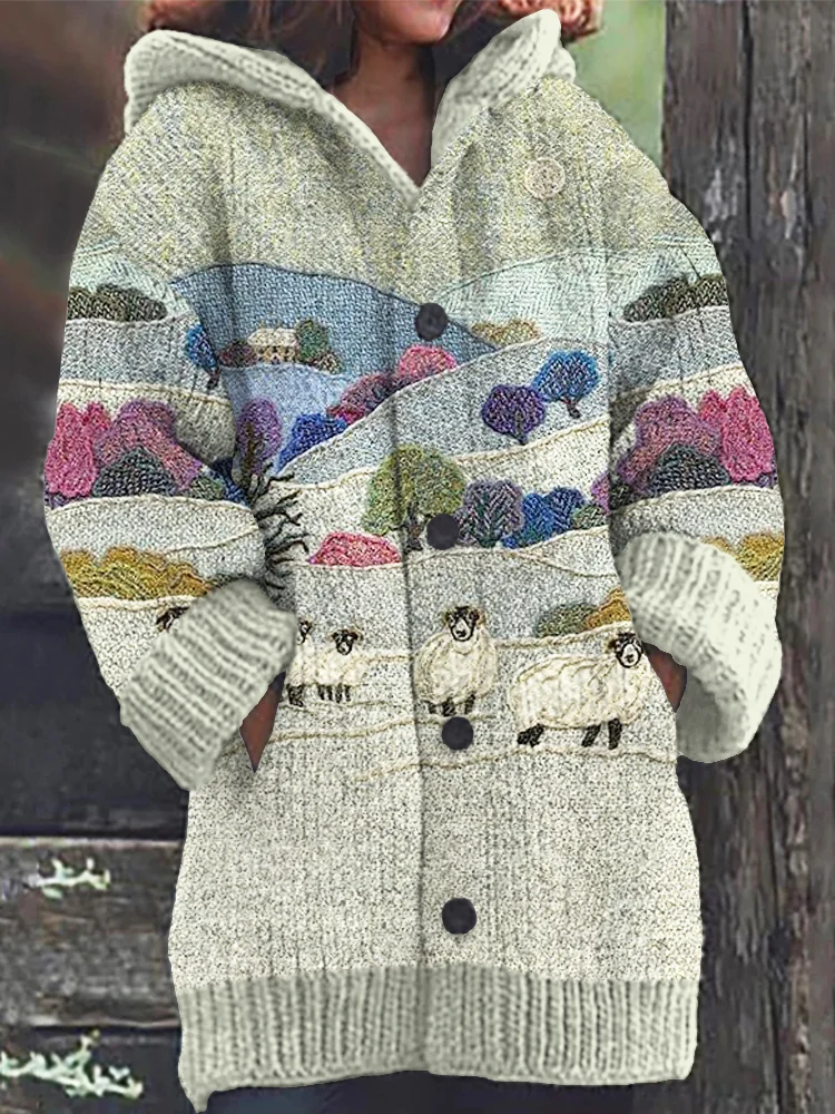 Comstylish Field & Sheep Pattern Cozy Knit Hooded Cardigan
