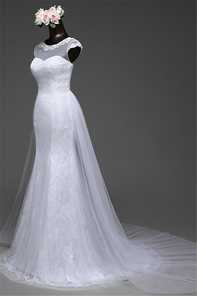 Daisda Glamorous Jewel Lace Long Mermaid Wedding Dress With Tulle Overskirt