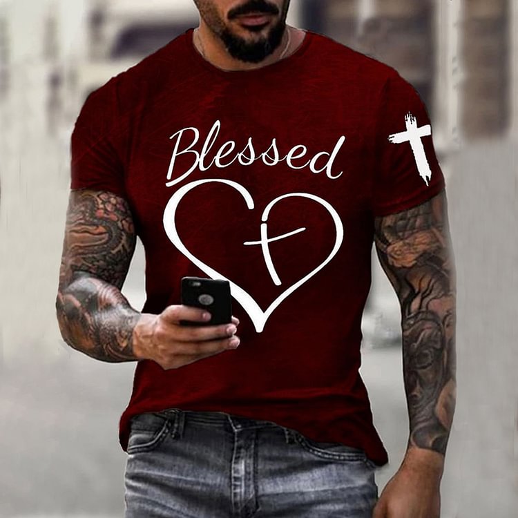 BrosWear Men'S Blessed Print Short Sleeve T Shirt
