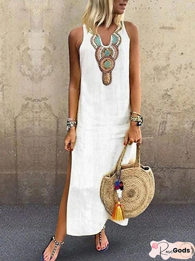 Loosen Vacation Linen Simple Ethnic V Neck Short Sleeve Maxi Dress