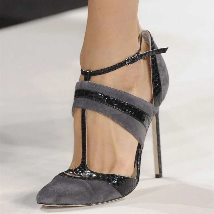 Grey and Black Python Vegan Suede Stiletto Heels T Strap Pumps by FSJ |FSJ Shoes