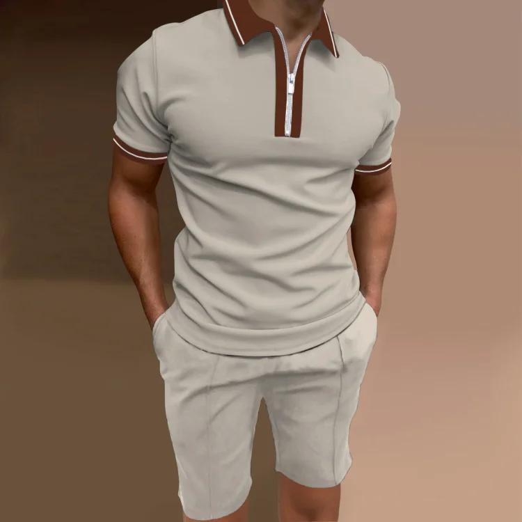 BrosWear Light Grey Polo Shirt And Shorts Two-Piece Set